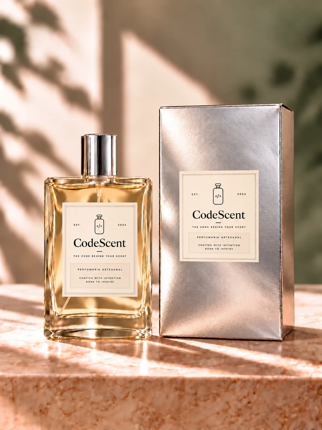Frasco CodeScent de 100 ml com a caixa da marca ao lado